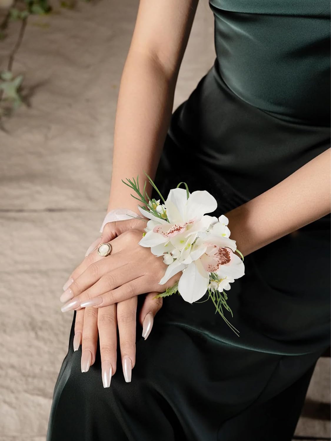 Rinlong 2Pcs White Orchid Wrist Corsage for Wedding, Prom, Homecoming
