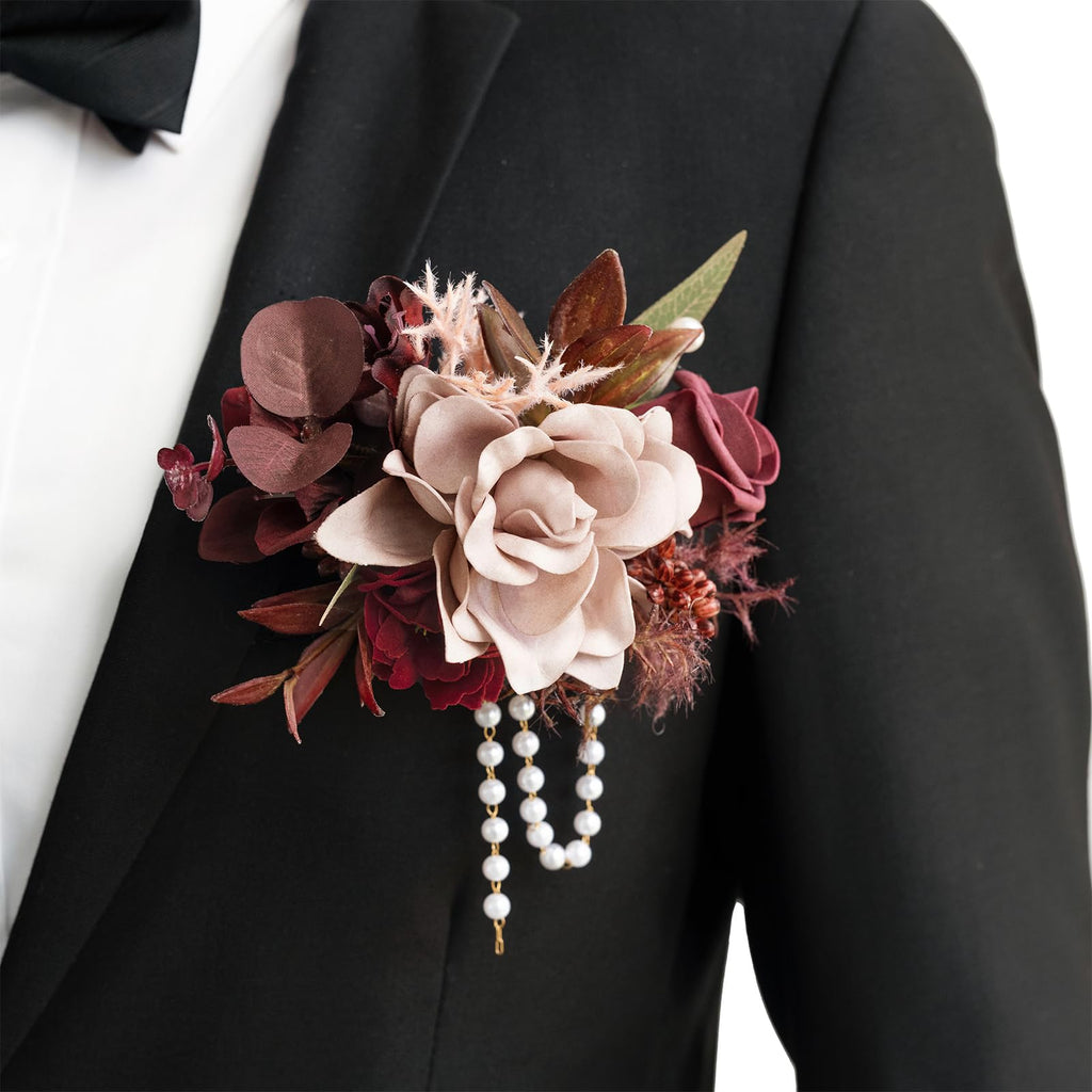 Ling's Moment Boutonniere for Men with Pin, White Ranunculus Ivory, 6"Wx5"H