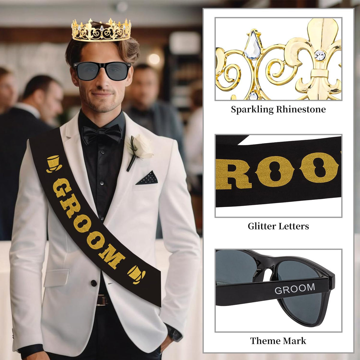 Bachelor Party Decorations Groom Crown Sash Sunglasses for Men Bachelor Party Favors Groom Gifts Wedding Decorations