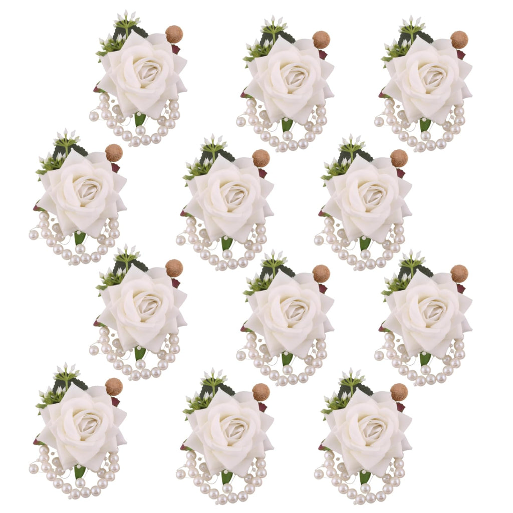 Wrist Corsages Set of 6 for Wedding Bridal Bride Bridesmaid Artificial Hand Flower Corsage Wristlet Band Homecoming Graduation Prom Party Ivory and Pink