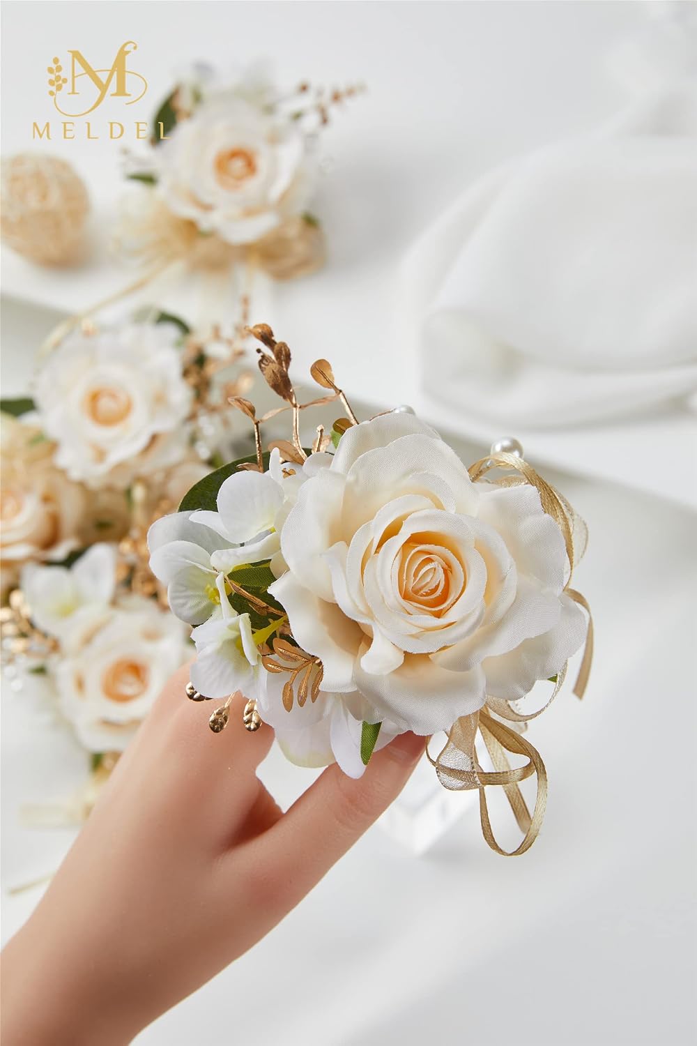 Women Champagne Faux Rose Wrist Corsages Set 6Pcs for Wedding Prom