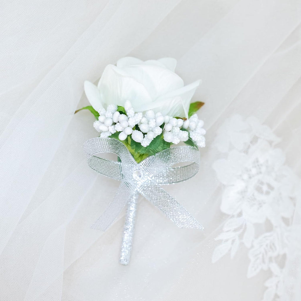 2Pcs White Rose Corsage and Boutonniere Set, Corsage Wristlet Band for Prom Decorations, Artificial Boutonniere for Men Wedding Party Suit Flower Accessories