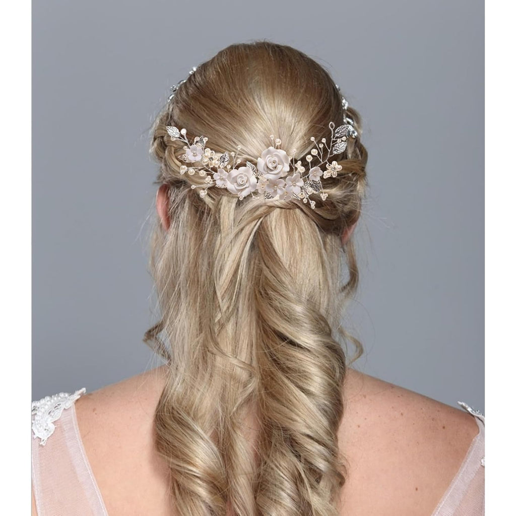 Flower Bride Wedding Hair Vine Silver Rhinestone Leaf Hair Accessories Headband for Women and Girls
