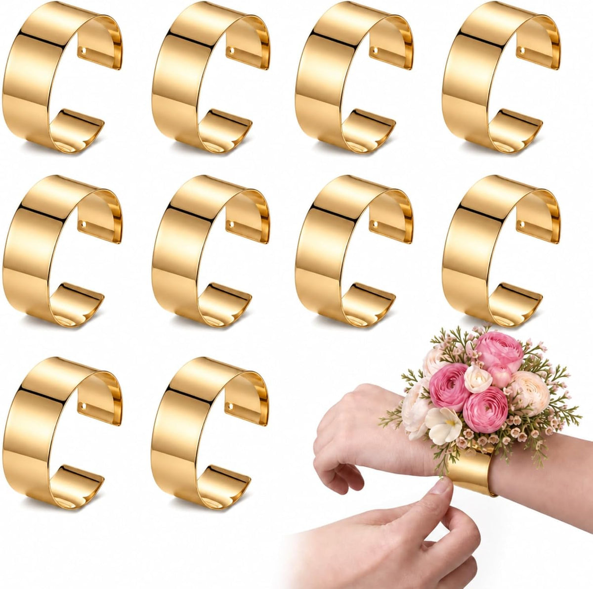 Liliaafar Gold 10 Pcs Corsage Wristlet Bracelet Bands for Women Cuff Bangle Bracelet Wrist Corsage DIY Wedding Wristband Wide Open Adjustable for Wedding Bridal Party Prom (0.98",Narrow Cuff)