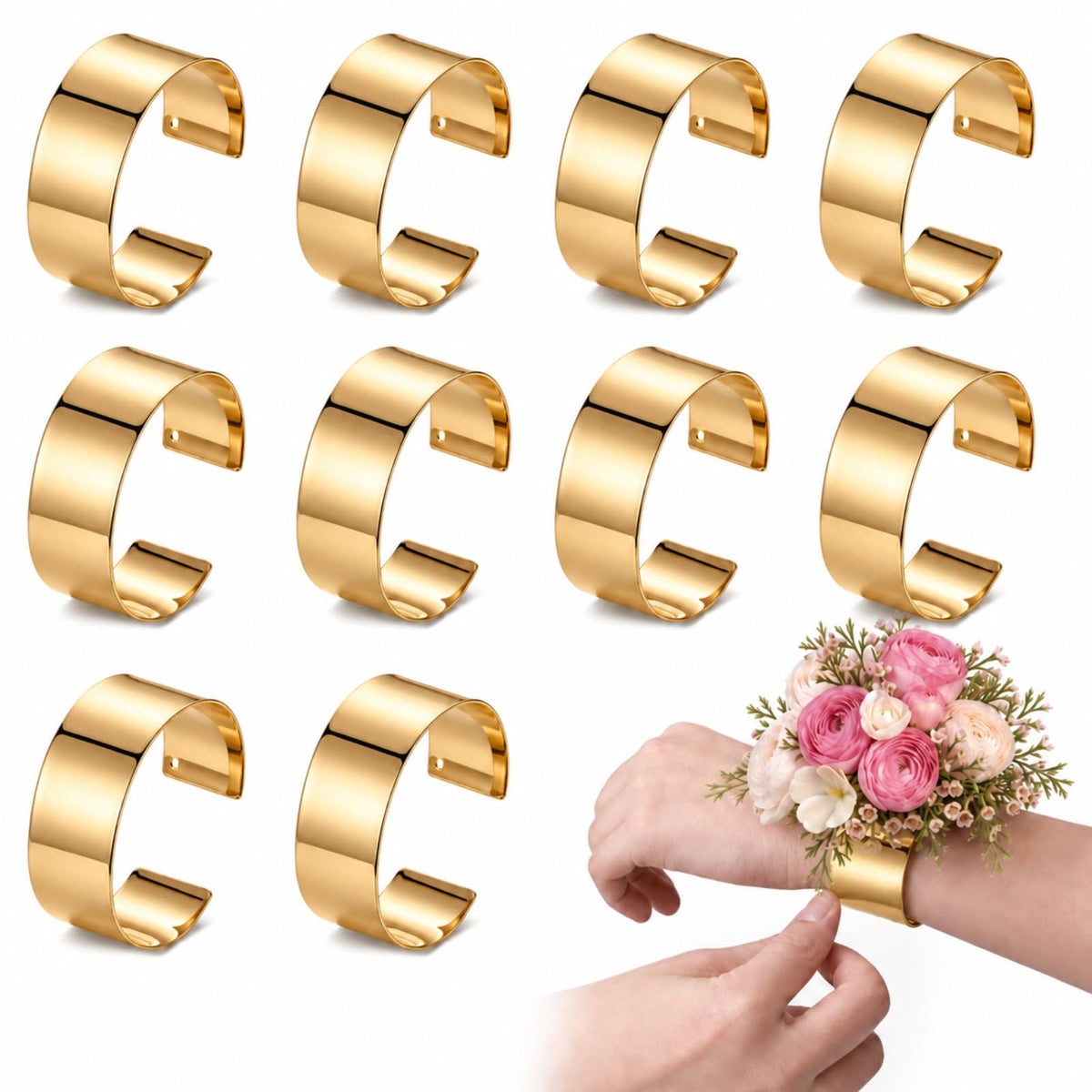 Liliaafar Gold 10 Pcs Corsage Wristlet Bracelet Bands for Women Cuff Bangle Bracelet Wrist Corsage DIY Wedding Wristband Wide Open Adjustable for Wedding Bridal Party Prom (0.98",Narrow Cuff)