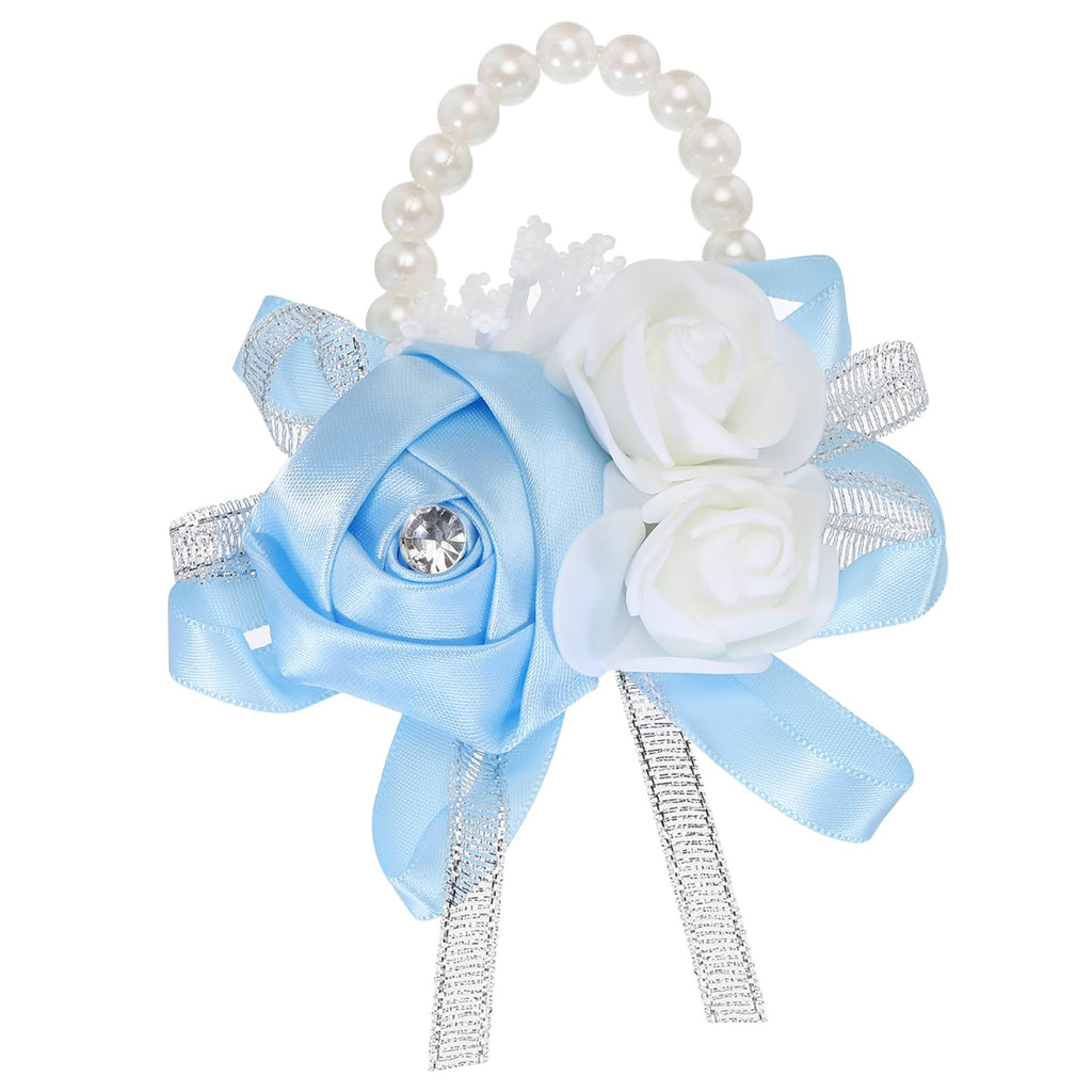 MECCANIXITY 12Pcs Wrist Corsage Artificial Flower Bracelets Rose Wrist Bride Groom Decorative for Wedding Ceremony Prom Party Anniversary Sky Blue