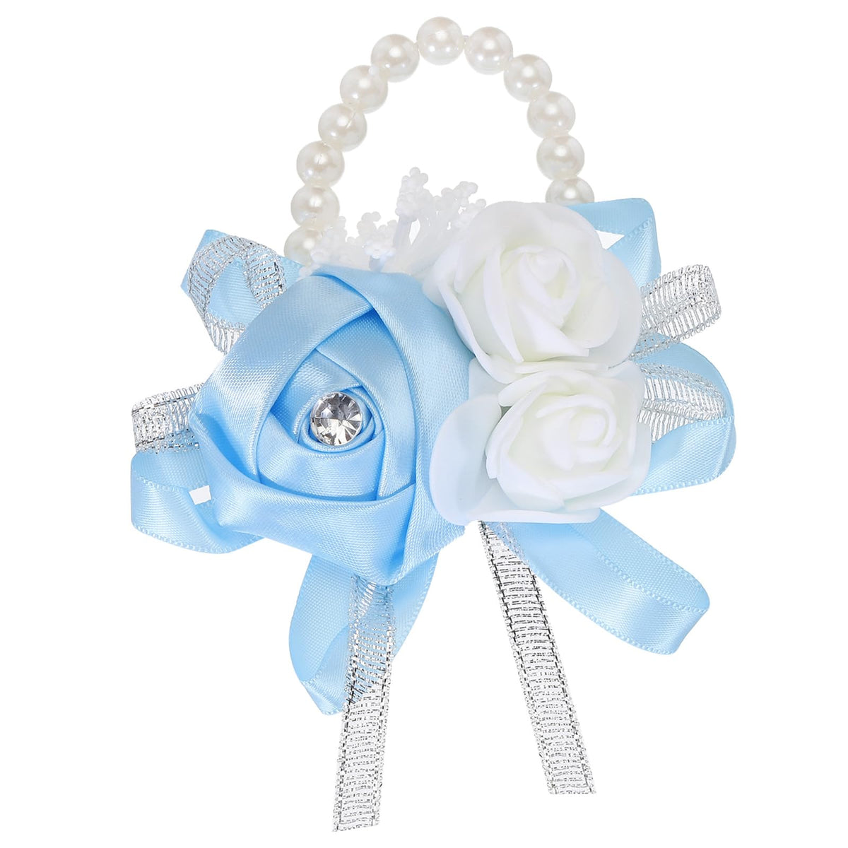 MECCANIXITY 12Pcs Wrist Corsage Artificial Flower Bracelets Rose Wrist Bride Groom Decorative for Wedding Ceremony Prom Party Anniversary Sky Blue