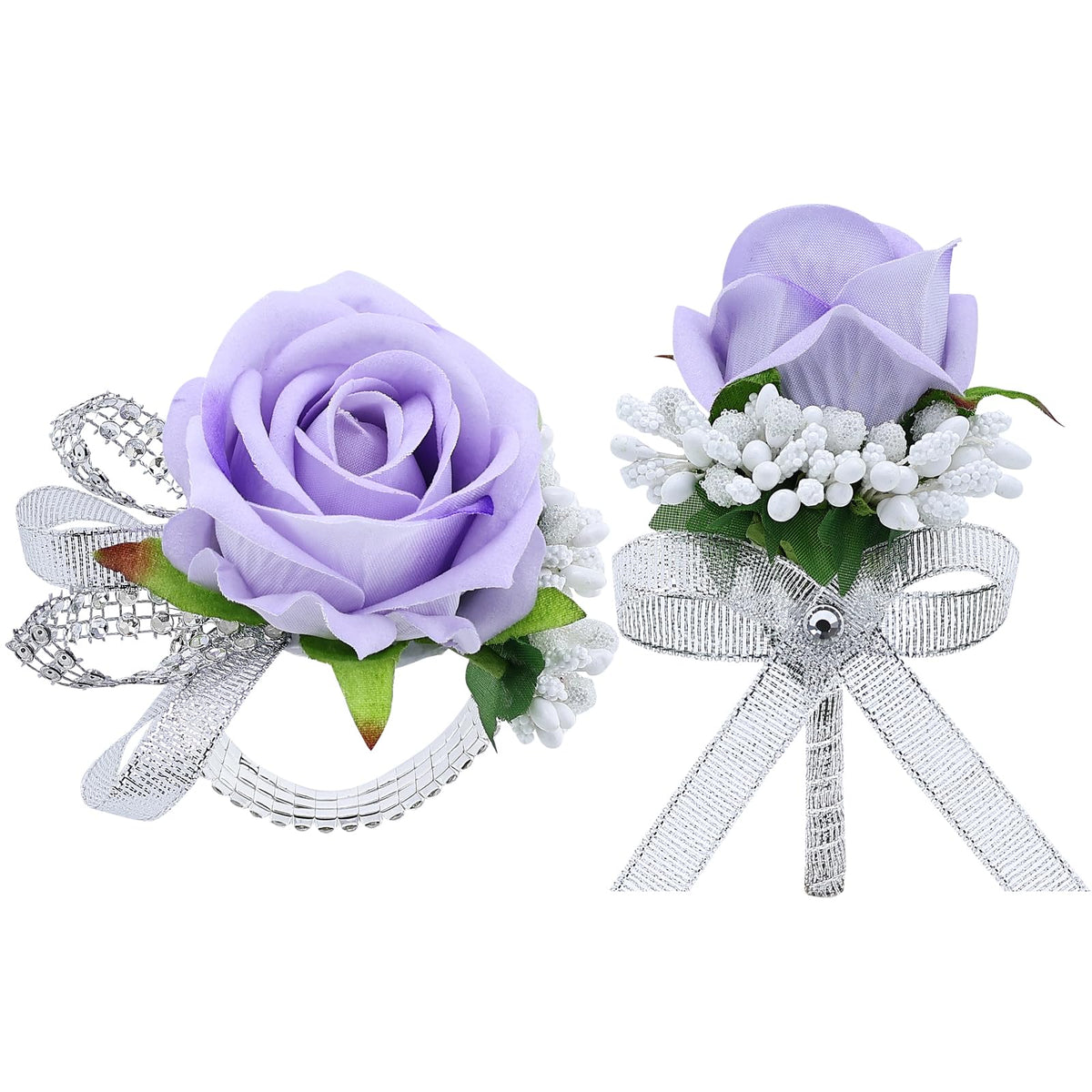2Pcs Black Rose Corsage and Men Boutonniere Set Women Wristlet Band Wrist Bracelets, for Prom Wedding Ceremony Flowers Decorations and Homecoming Party Accessories