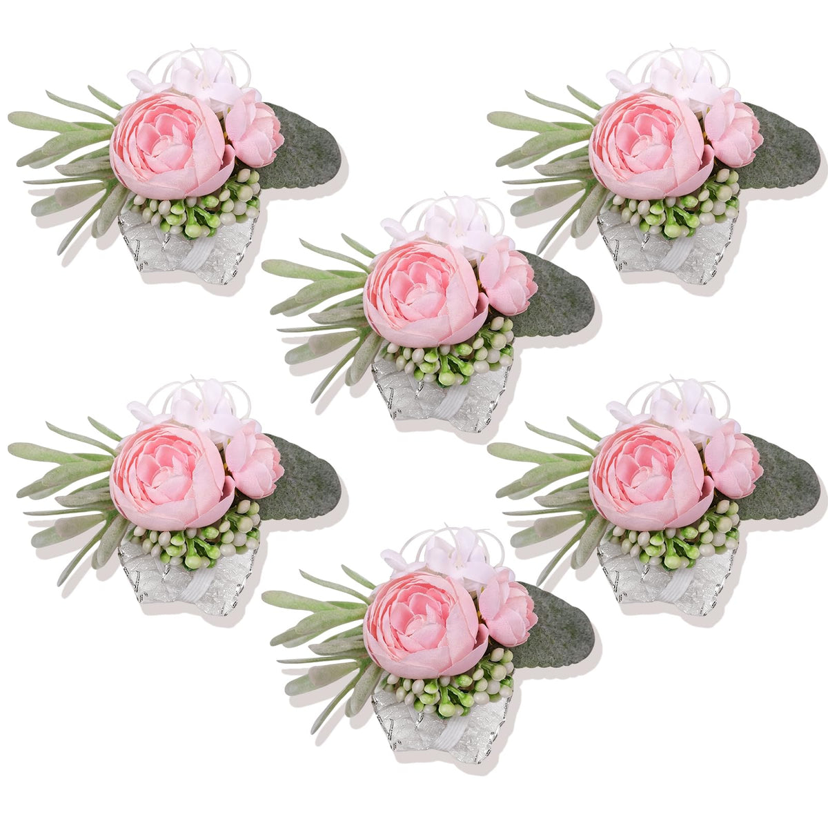 Artificial Champagne Rose Wrist Corsages Set 6Pcs for Wedding Party