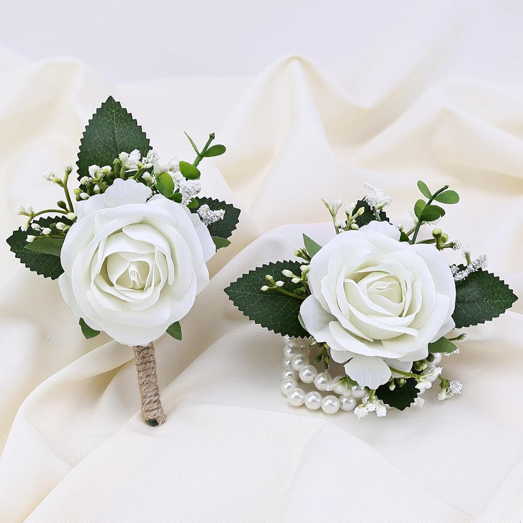 2Pcs White Rose Corsage and Men Boutonniere Set, Wrist Band Bracelets, for Wedding Bride Bridesmaid Groom Groomsmen Flower Accessories Prom Party Man Suit Decor