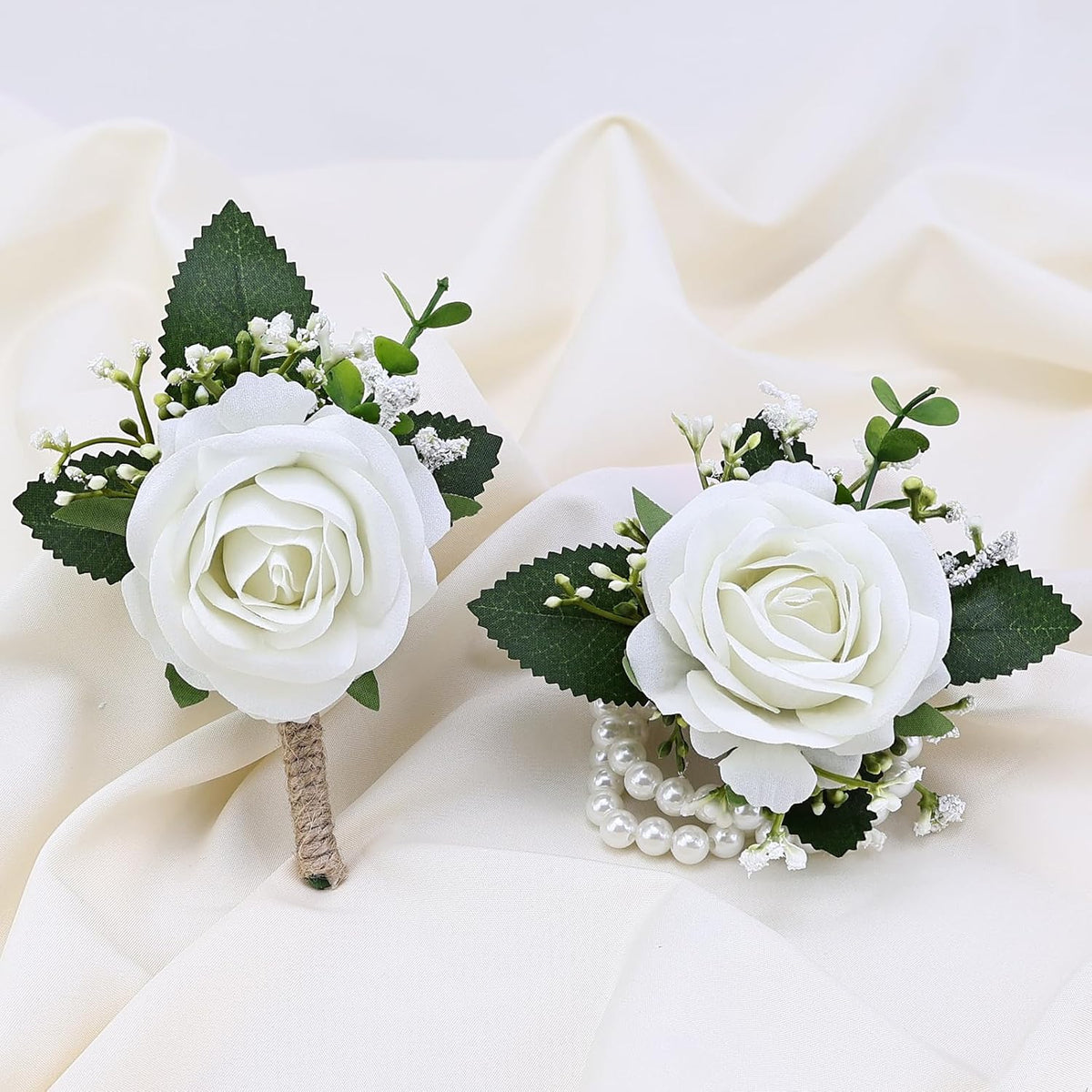 2Pcs White Rose Corsage and Men Boutonniere Set, Wrist Band Bracelets, for Wedding Bride Bridesmaid Groom Groomsmen Flower Accessories Prom Party Man Suit Decor