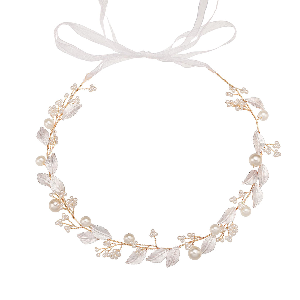 527&huan White Flowers Pearls Bridal Headband, Handmade Silver Wire Woven Wedding Hair Vine with Satin Ribbon, Lightweight Wedding Hair Accessory for Bride Flower Girl Bridesmaid Prom Pageant