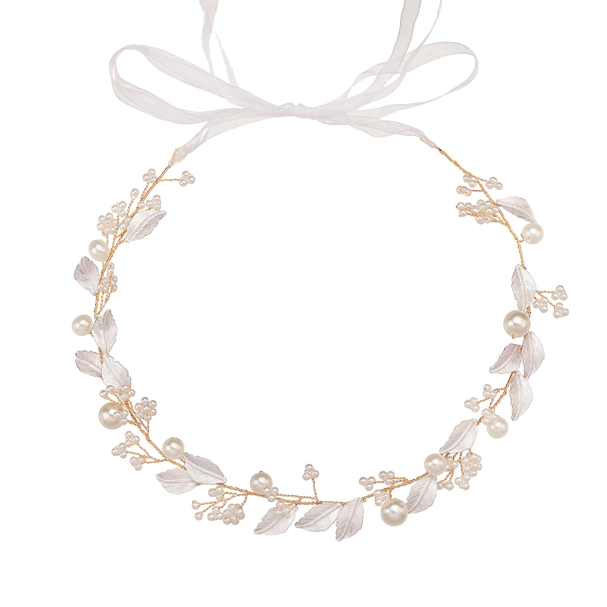 527&huan White Flowers Pearls Bridal Headband, Handmade Silver Wire Woven Wedding Hair Vine with Satin Ribbon, Lightweight Wedding Hair Accessory for Bride Flower Girl Bridesmaid Prom Pageant