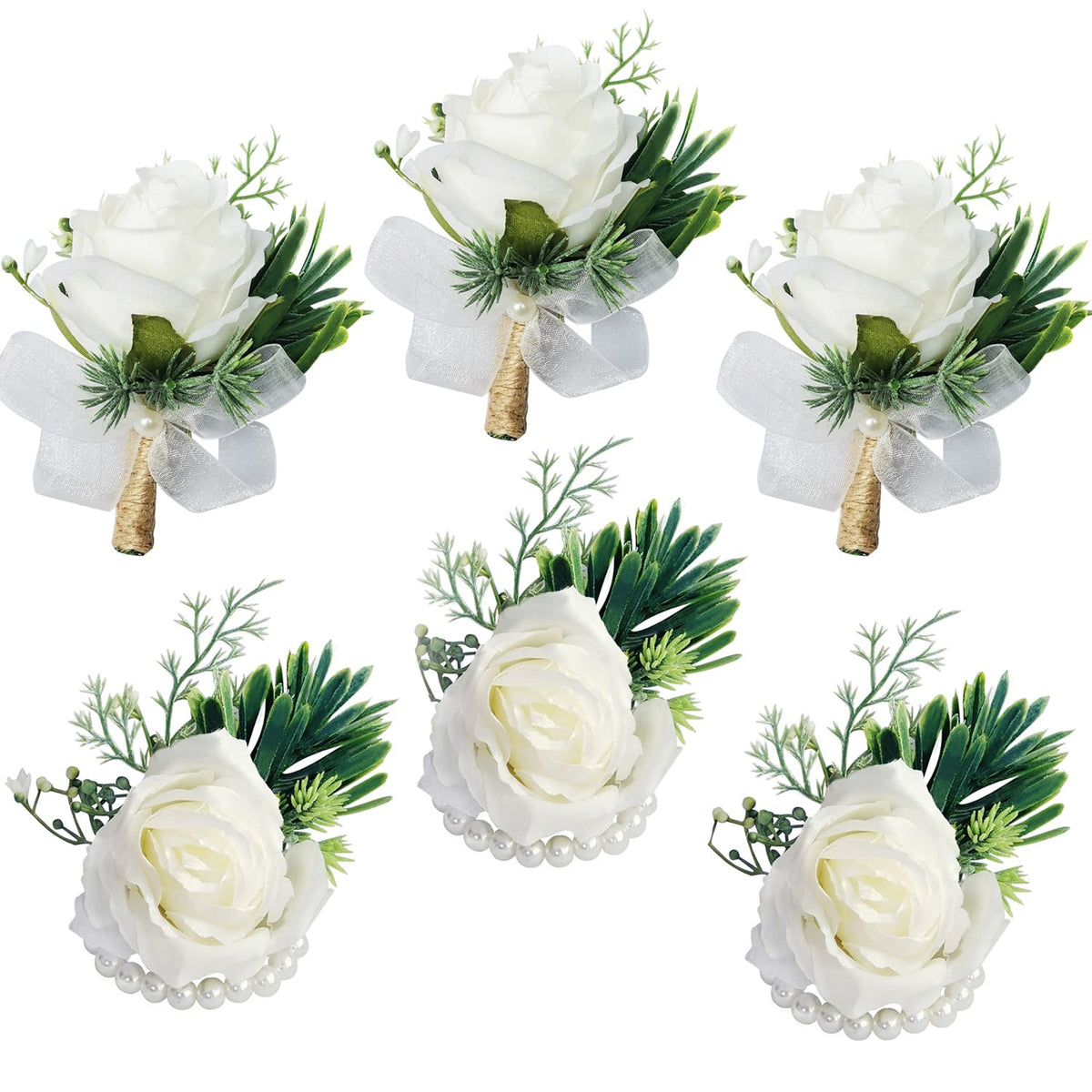 White Rose Wrist Flowers and Men's Corsage Wedding Flowers Ceremony,2Pcs Boutonniere Buttonholes and Wrist Corsage Wristband Roses Wrist Corsage (2pcs White Wrist Corsages)