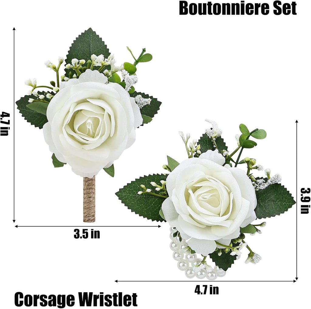 2Pcs White Rose Corsage and Men Boutonniere Set, Wrist Band Bracelets, for Wedding Bride Bridesmaid Groom Groomsmen Flower Accessories Prom Party Man Suit Decor