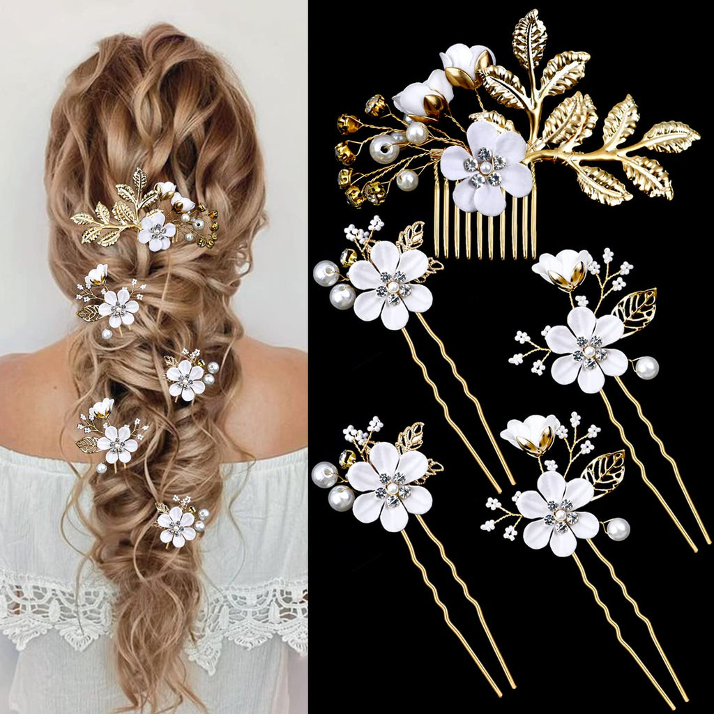 5 PCS Bridal Flower Wedding Hair Pins Crystal Pearl Hair Clips Headpiece Gold Wedding Hair Accessories Jewelry with Rhinestone for Brides Bridesmaids Women Girls Updo, Special Cream Blue