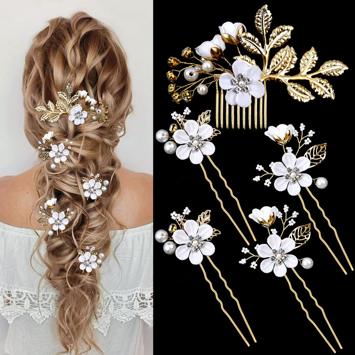 5 PCS Bridal Flower Wedding Hair Pins Crystal Pearl Hair Clips Headpiece Gold Wedding Hair Accessories Jewelry with Rhinestone for Brides Bridesmaids Women Girls Updo, Special Cream Blue