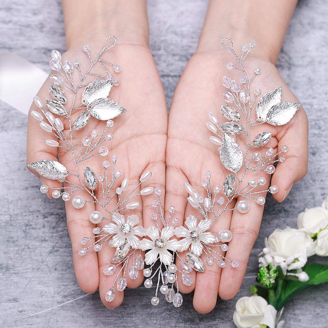 Unicra Bride Flower Wedding Hair Vine Leaf Silver Bridal Hair Piece Pearls Hair Accessories for Women