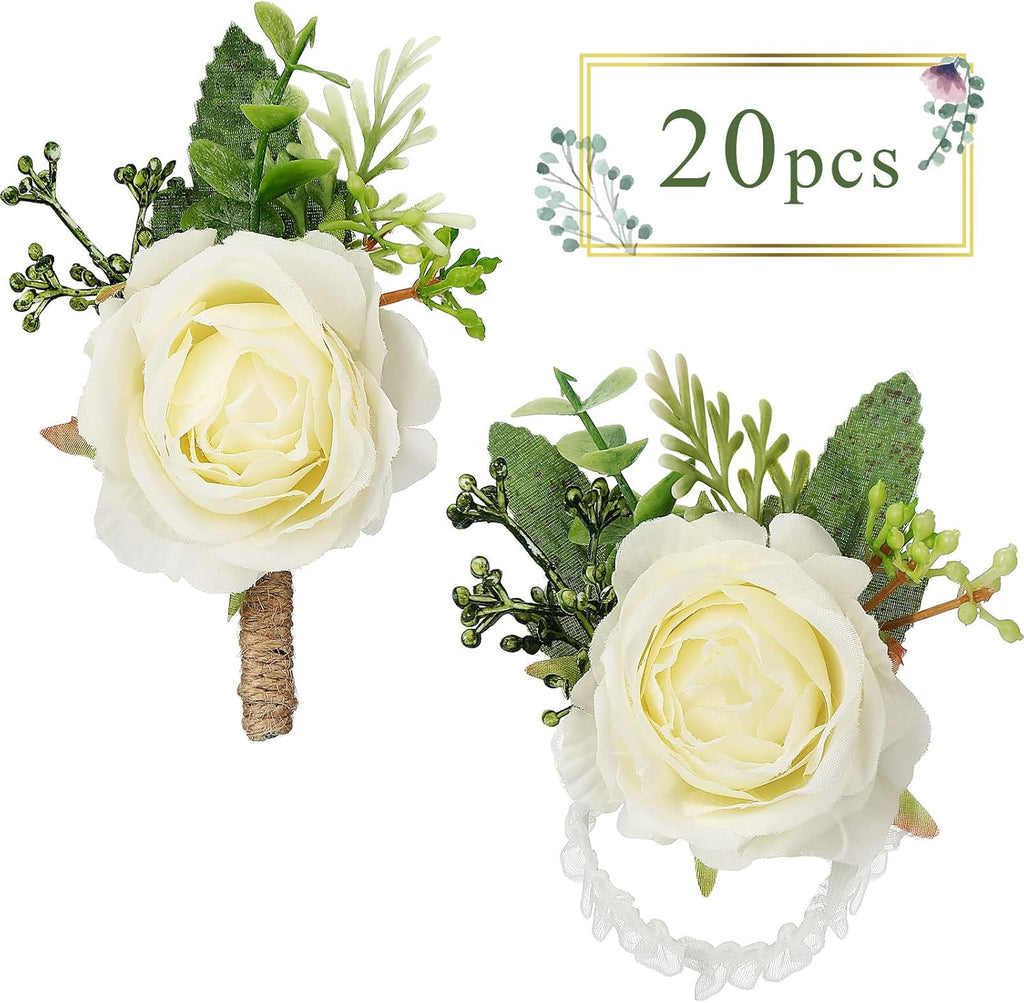 Sherr 20 Pcs Rose Corsage and Boutonniere Set for Wedding, White