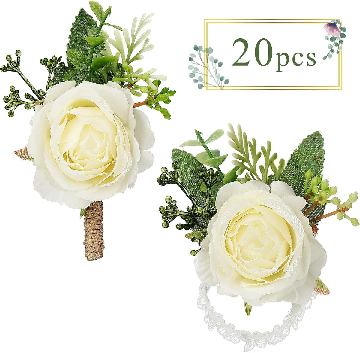 Sherr 20 Pcs Rose Corsage and Boutonniere Set for Wedding, White