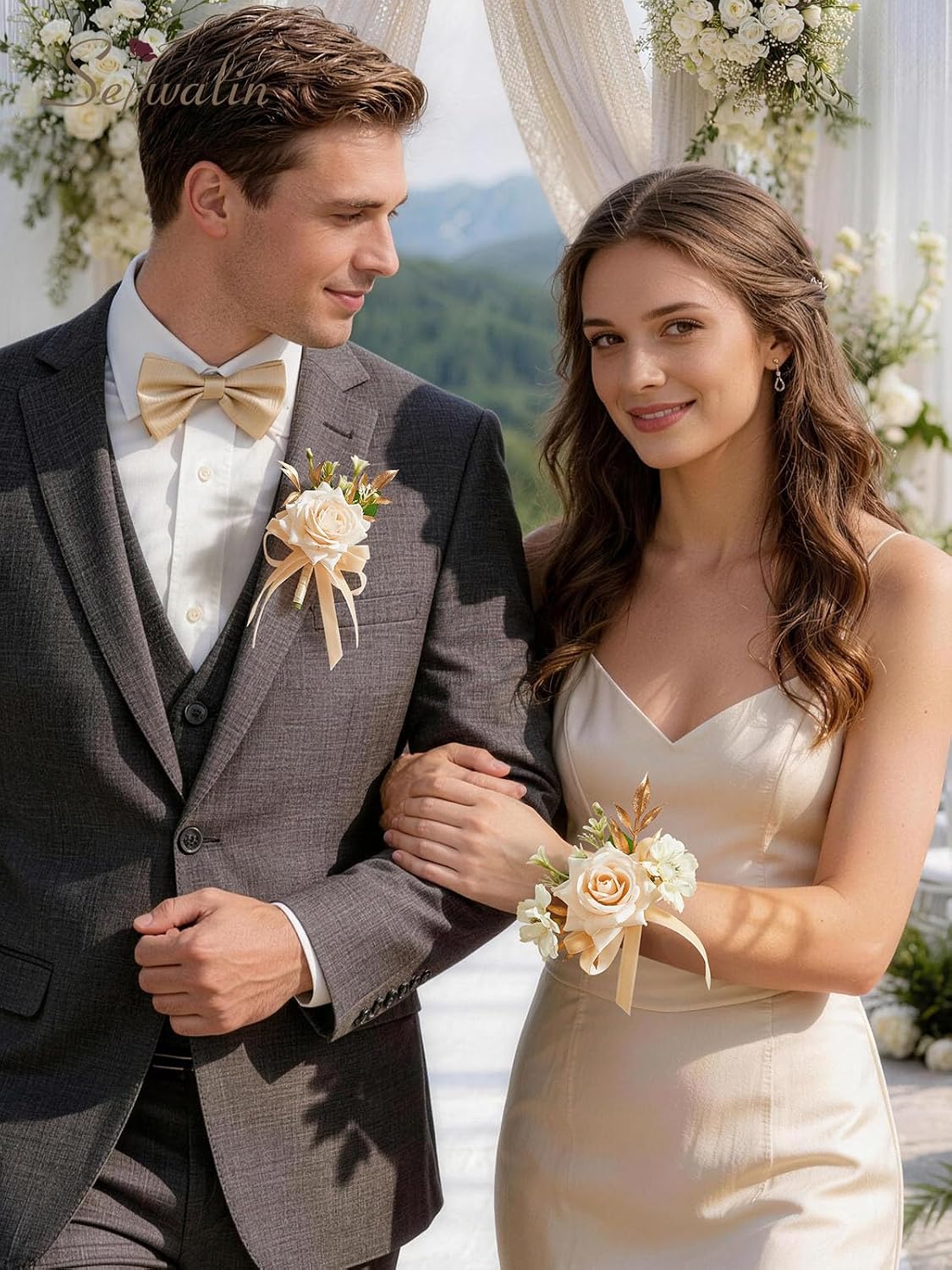 Serwalin Champagne Rose Corsage and Boutonniere Set for Wedding Prom Party