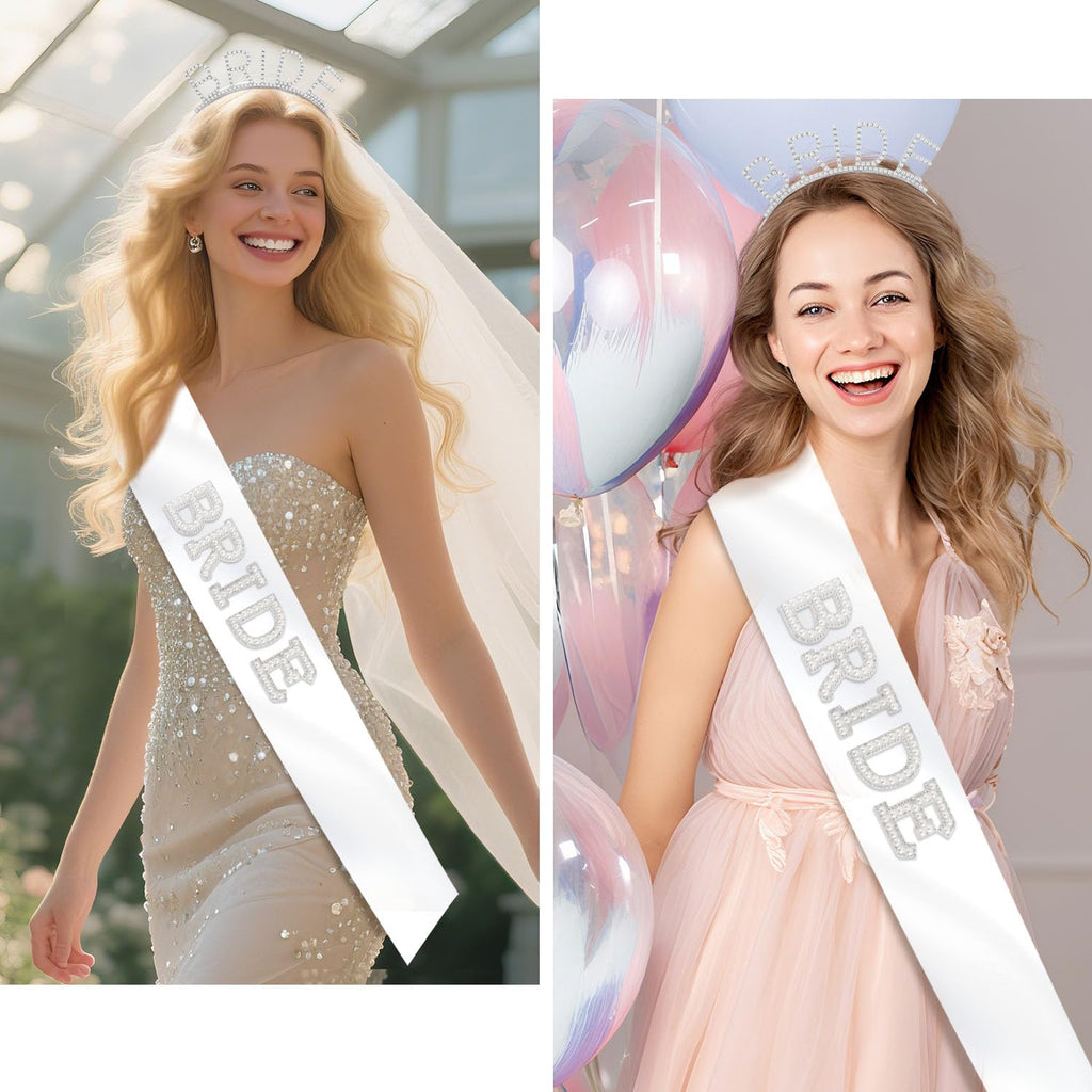 Atoden Bride Sash and Headband Bachelorette Party Decorations Bridal Shower Favors White Bride Crown Tiara Pearl Rhinestone Wedding Headpiece Hair Accessories Engagement Party Outfits Gifts