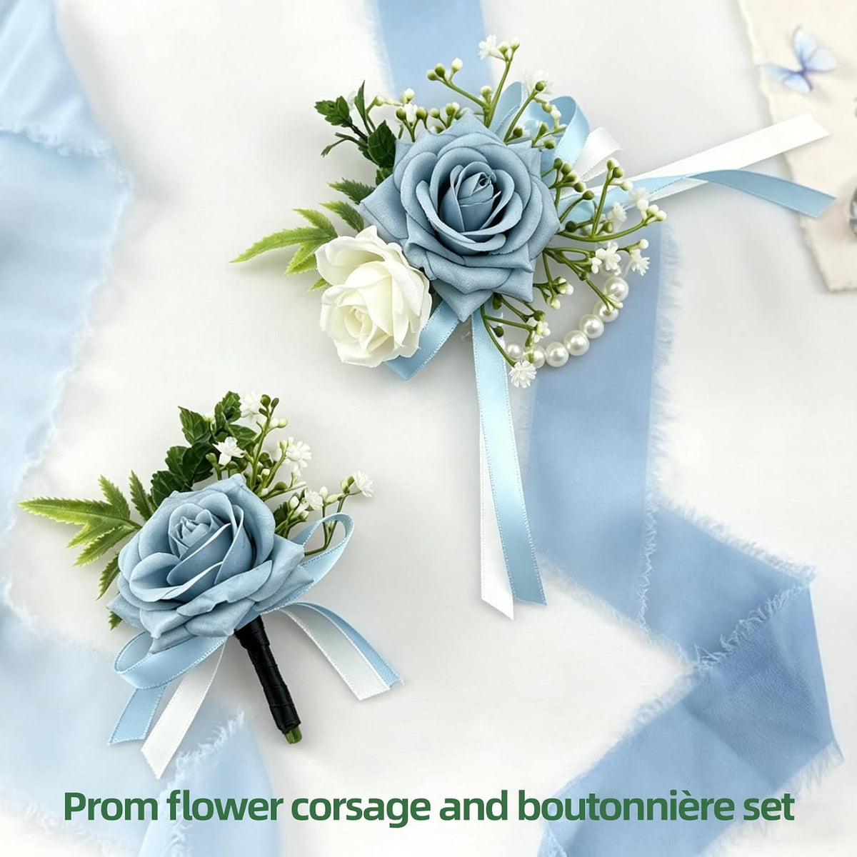 YIXAXKAO Prom Corsage and Boutonniere Set Prom Wrist Corsage and Boutonniere Artificial Rose Flowers Accessories Corsage Wristlet Band Bracelet with Solid Color Ties for Prom 2026 Decor (Light Blue)