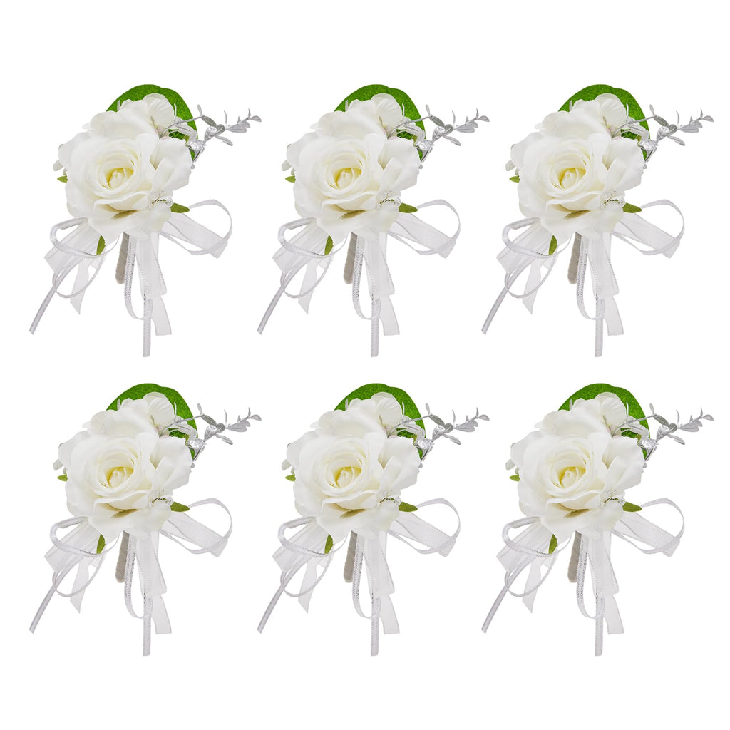 6Pcs White Artificial Silk Rose Wrist Corsages Wedding Prom