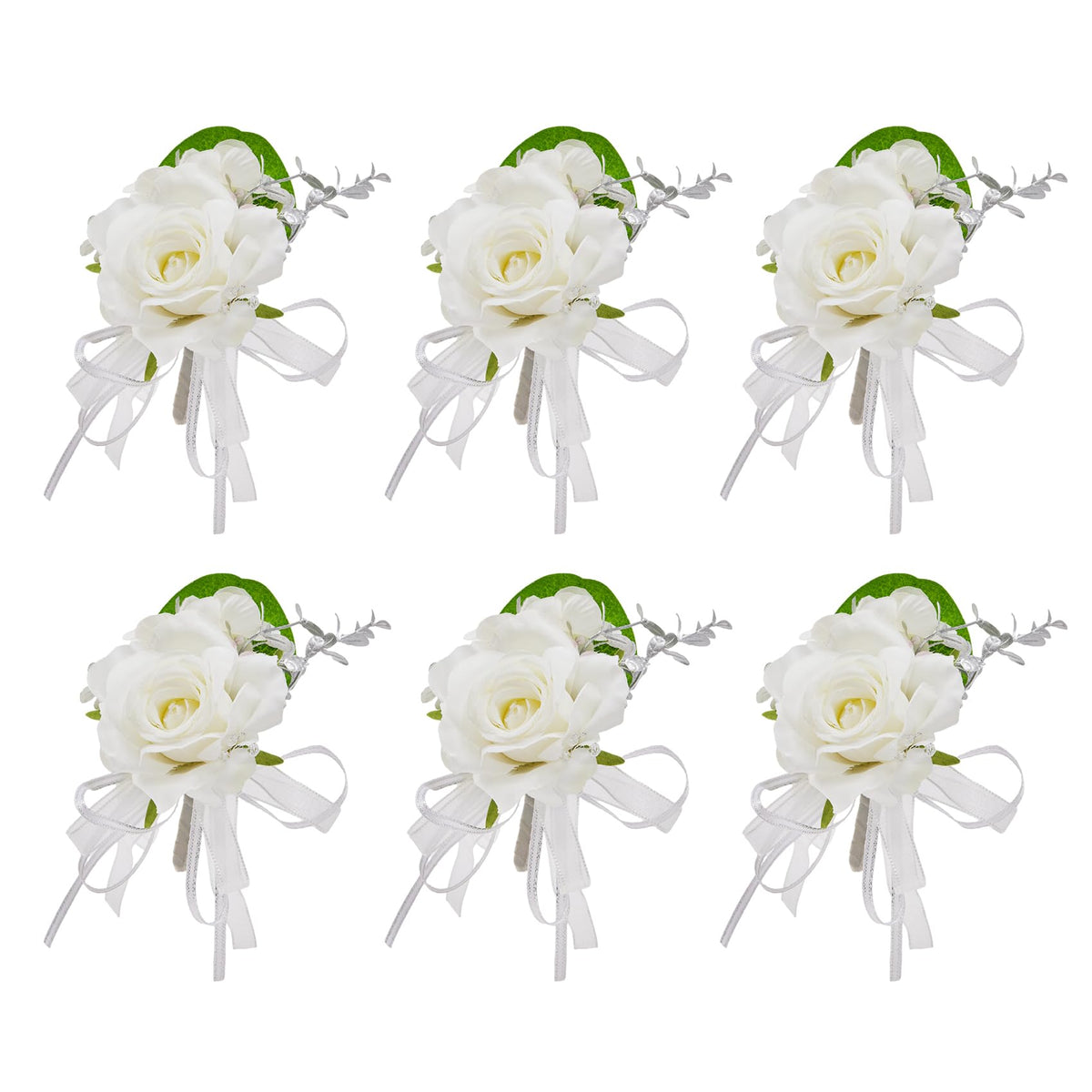 6Pcs White Artificial Silk Rose Wrist Corsages Wedding Prom