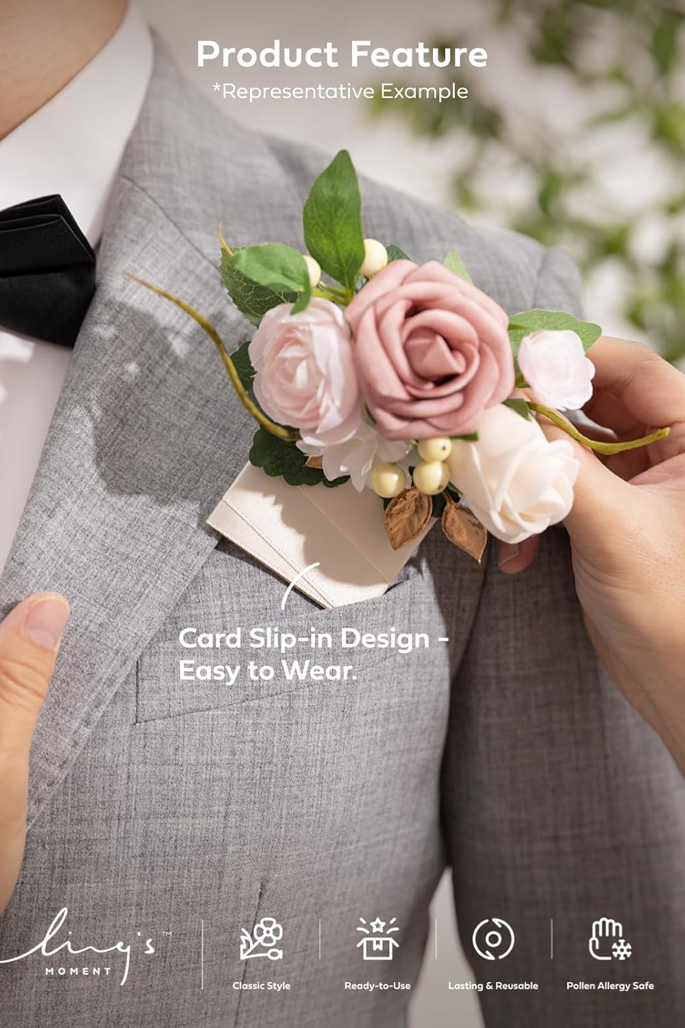 Ling's Moment Boutonniere for Men with Pin, White Ranunculus Ivory, 6"Wx5"H