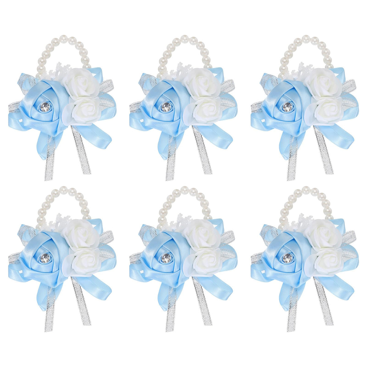 MECCANIXITY 12Pcs Wrist Corsage Artificial Flower Bracelets Rose Wrist Bride Groom Decorative for Wedding Ceremony Prom Party Anniversary Sky Blue