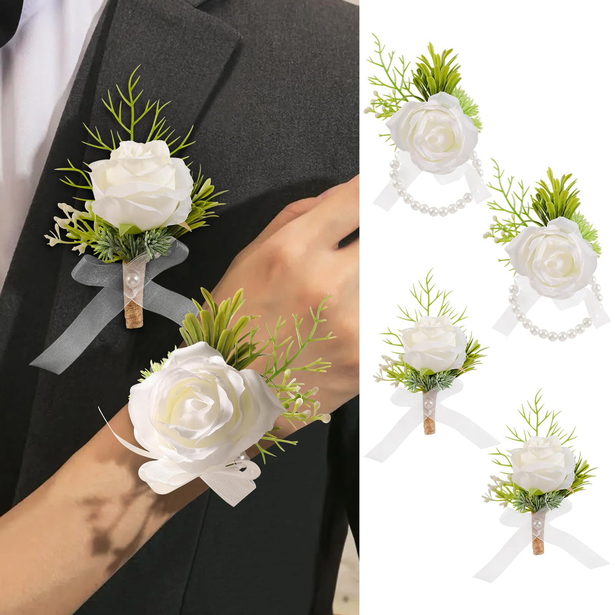 Garisey 2Pcs White Artificial Rose Boutonniere for Men Wedding Ceremony