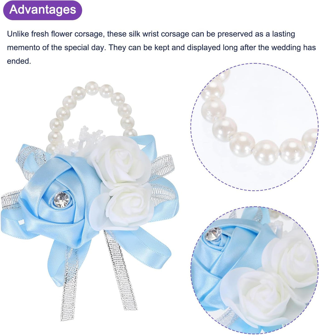 MECCANIXITY 12Pcs Wrist Corsage Artificial Flower Bracelets Rose Wrist Bride Groom Decorative for Wedding Ceremony Prom Party Anniversary Sky Blue