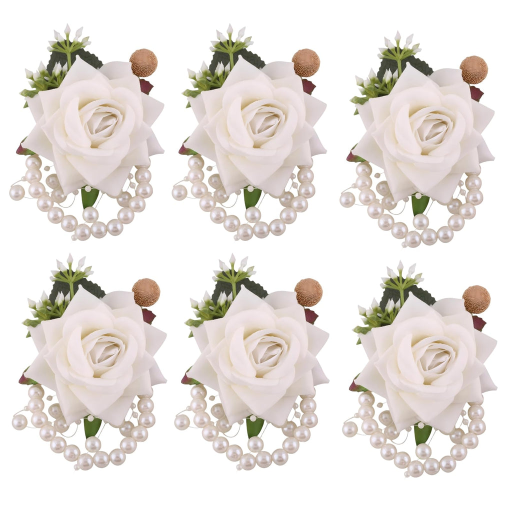 Wrist Corsages Set of 6 for Wedding Bridal Bride Bridesmaid Artificial Hand Flower Corsage Wristlet Band Homecoming Graduation Prom Party Ivory and Pink