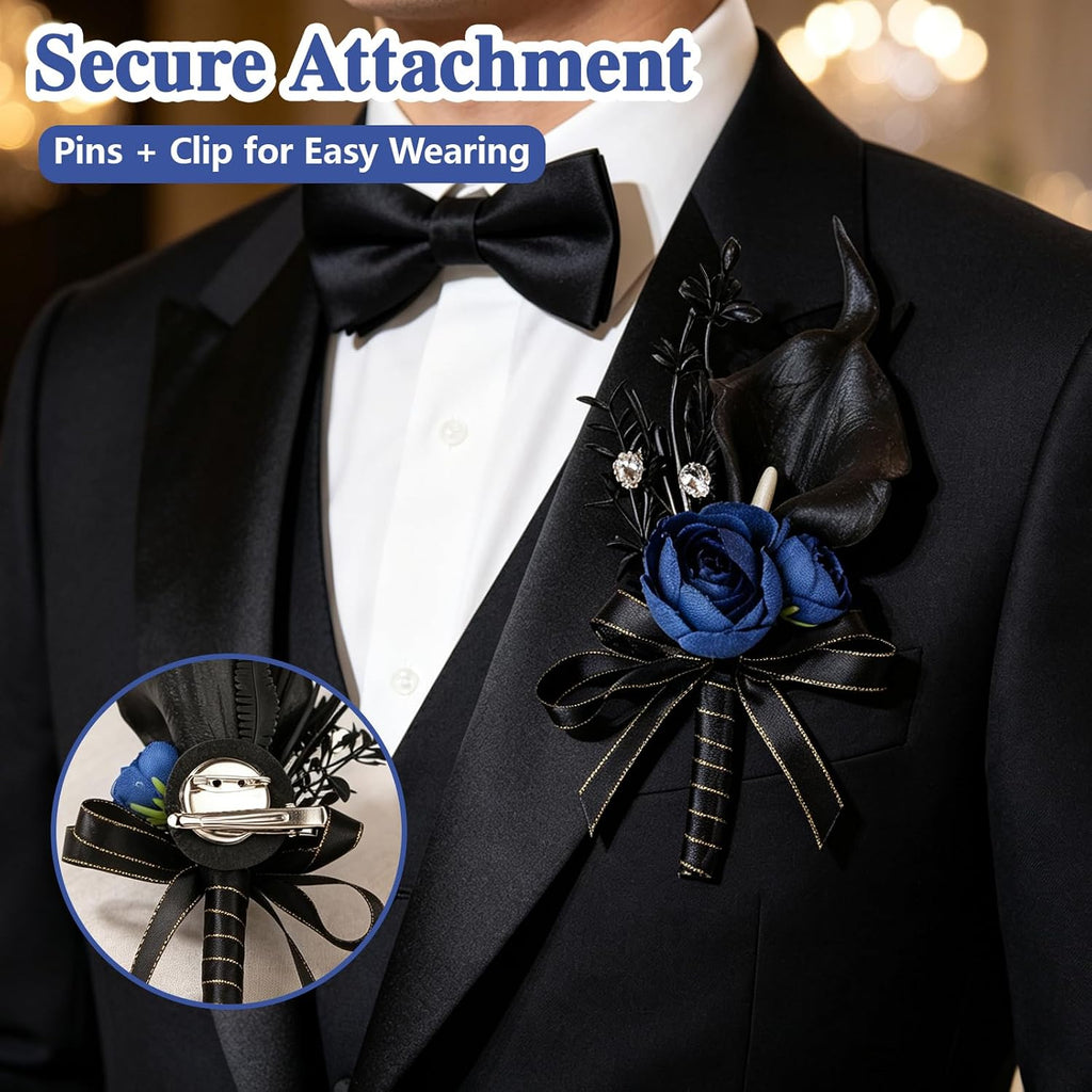 Black Rose Corsage & Boutonniere Set for Wedding
