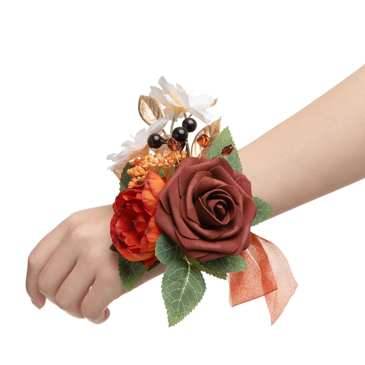Ling's moment 6pcs Corsage Wristlet, Fall Wedding Decor, Teal Orange