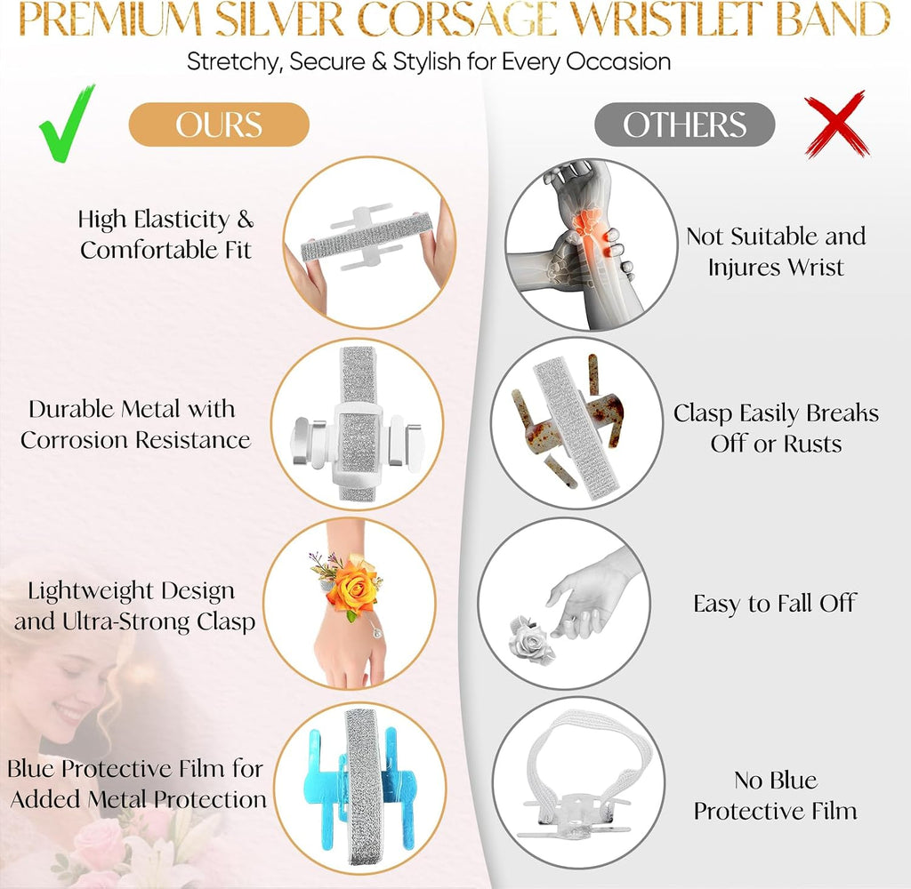 HIONXMGA Corsage Wristlet Band 16 Pcs Silver Wrist Corsage Bracelets Bands