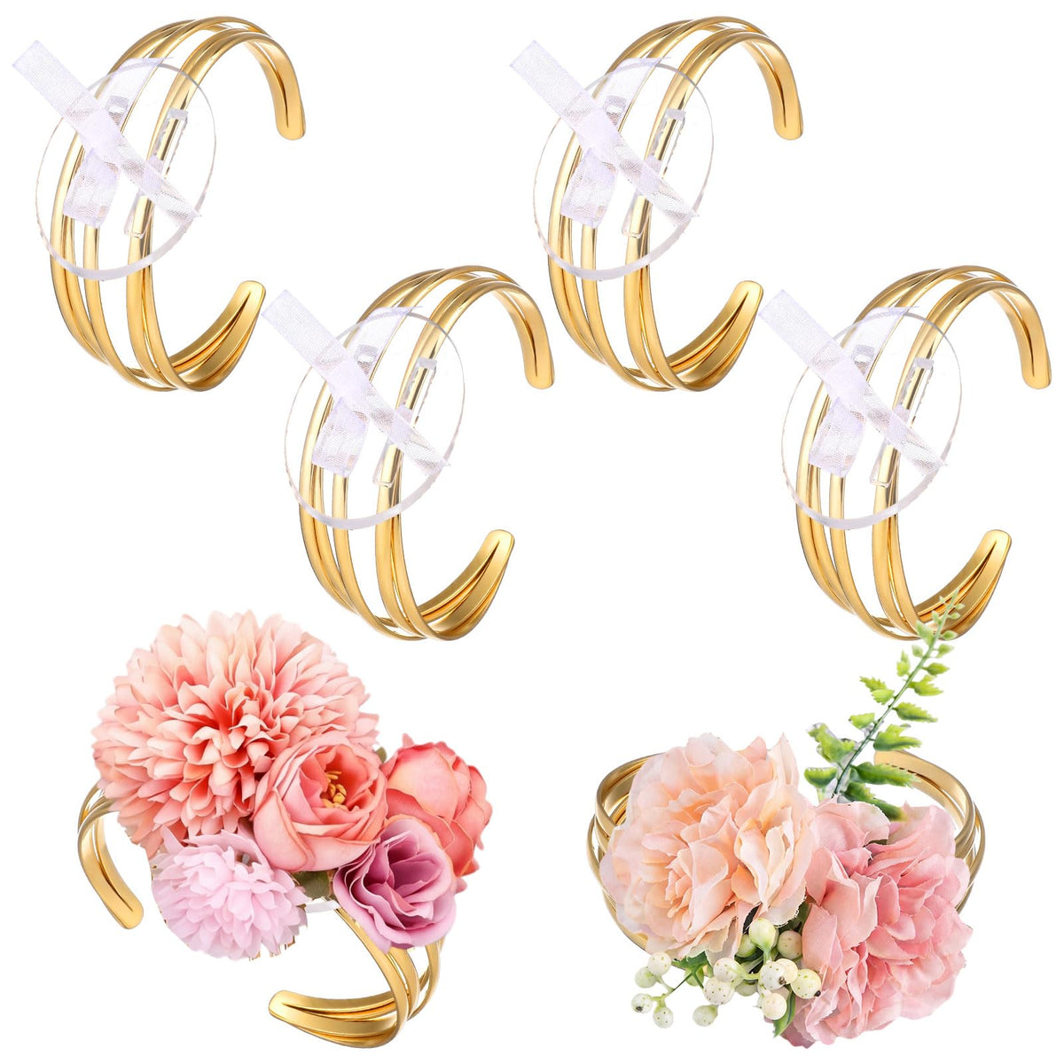 Hotop 4 Set Gold Hammered Wrist Corsage Bracelets Stackable Cuff
