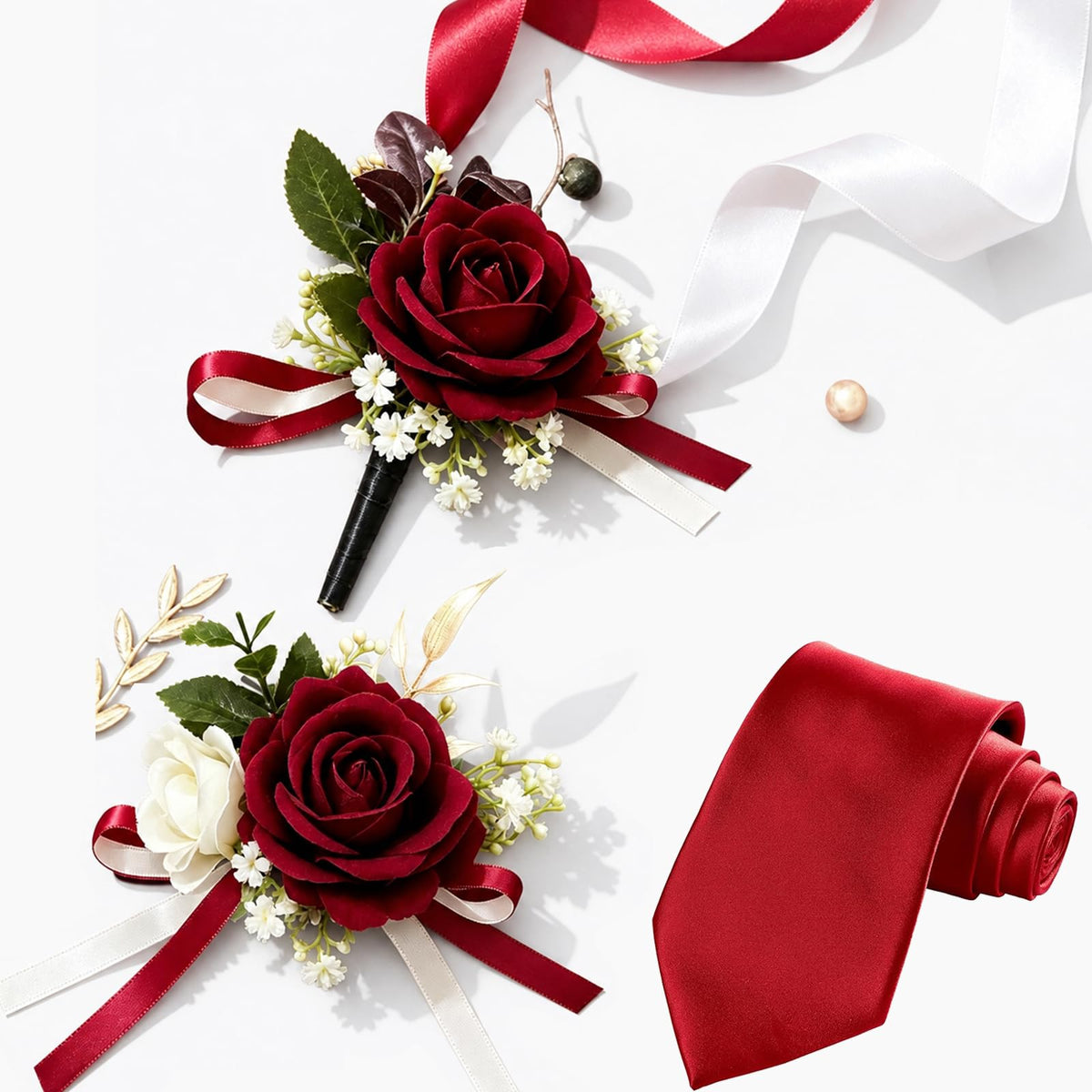 YIXAXKAO Prom Corsage and Boutonniere Set Prom Wrist Corsage and Boutonniere Artificial Rose Flowers Accessories Corsage Wristlet Band Bracelet with Solid Color Ties for Prom 2026 Decor (Light Blue)