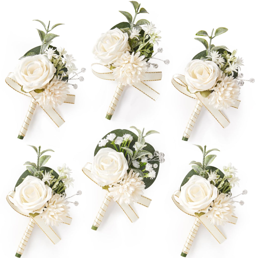 Serwalin 6 Pcs White Rose Wrist Corsage Wristlet for Wedding Prom Party
