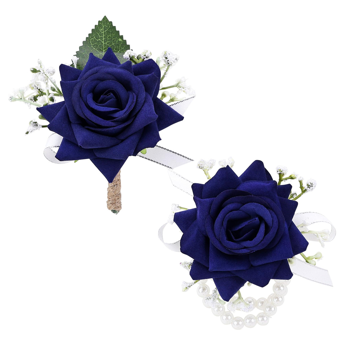 2Pcs Burgundy Rose Corsage and Boutonniere Set, Wrist Corsage with Double Pearl Bracelet and Boutonniere for Men with Pin Clip for Wedding Prom Homecoming Party Suit Decorations