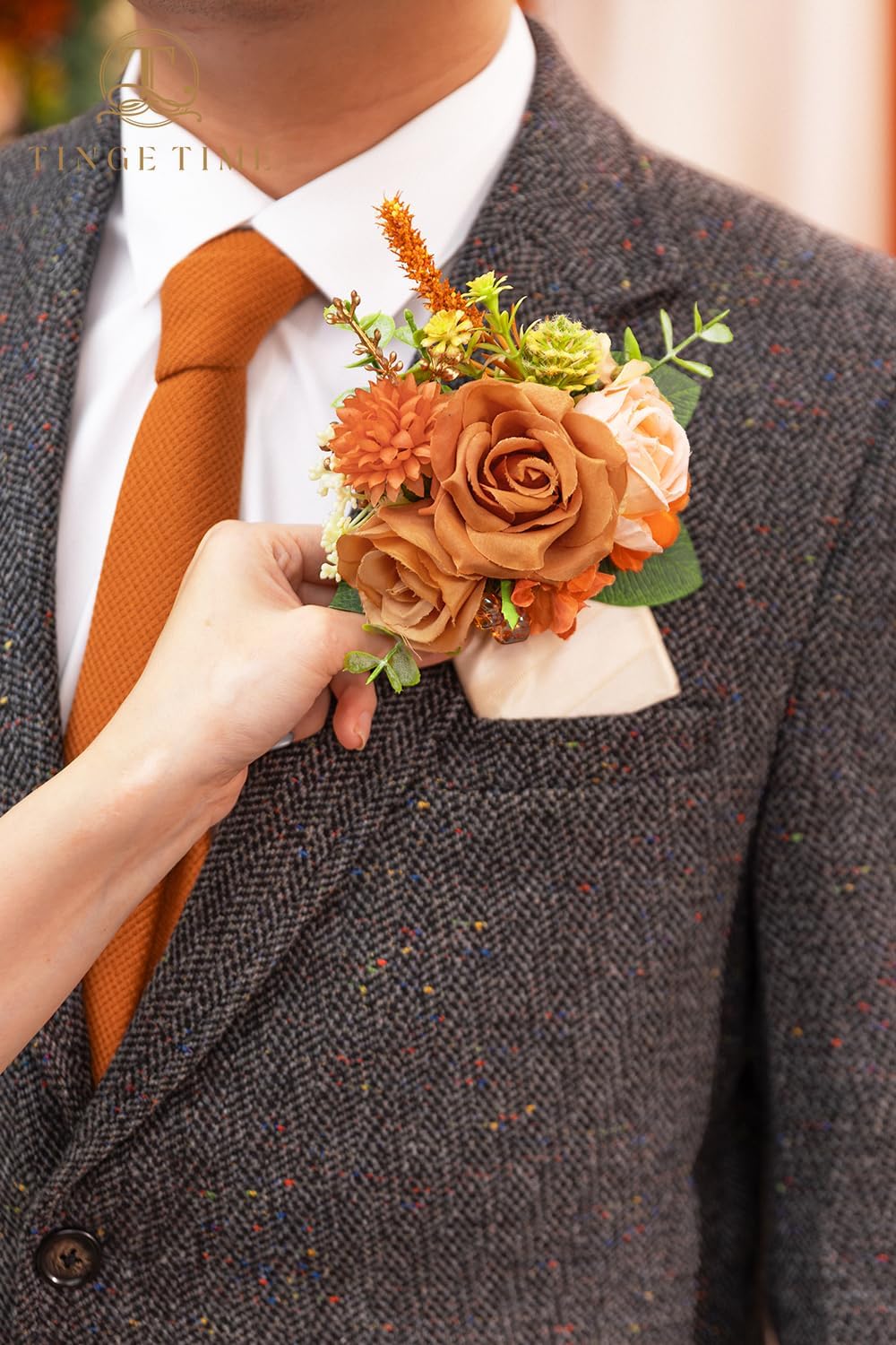 TINGE TIME Luxury Groom Boutonniere for Wedding, 1 PCS Pocket Boutonniere for Men Wedding, Prom, Homecoming, Anniversary, Graduation, Christmas Dinner (Terracotta)