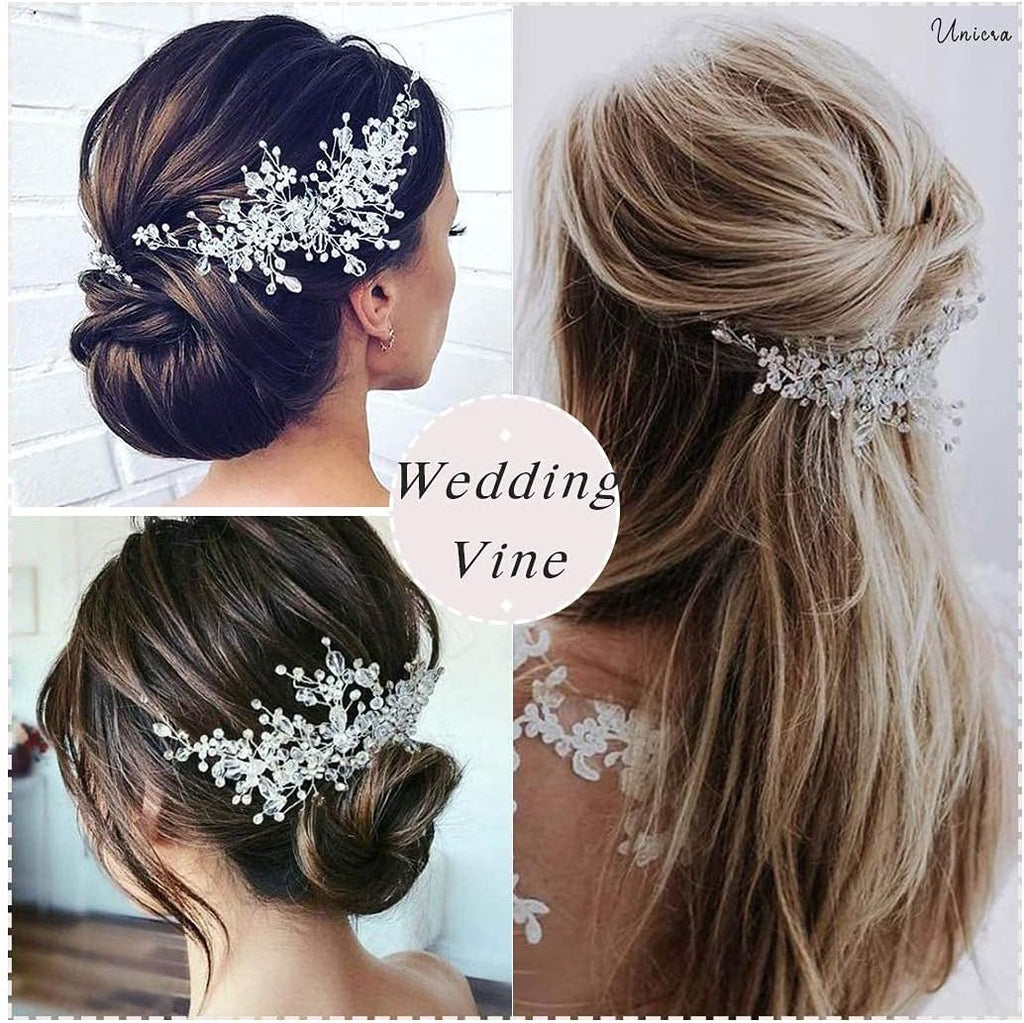Unicra Bride Flower Wedding Hair Vine Crystal Bridal Hair Piece Rhinestone Party Hair Accessories Leaf Hair Jewelry Bead Headpiece for Women