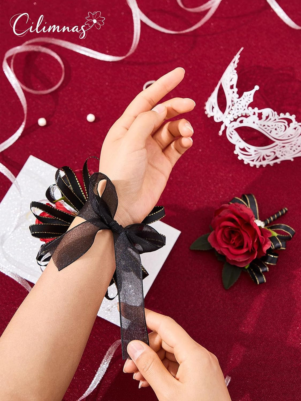 Red and Black Corsage and Boutonniere Set for Wedding Prom