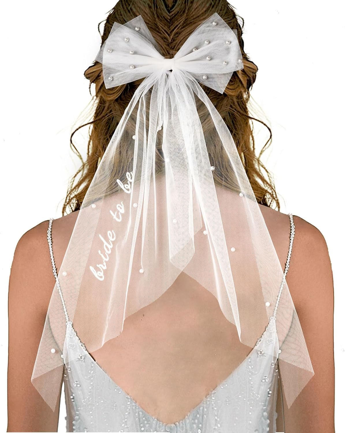 Bachelorette Veil for Bride to Be Short Pearl Bow Hair Veil with Embroidered Script 2-Tier Tulle Bridal Shower Accessory