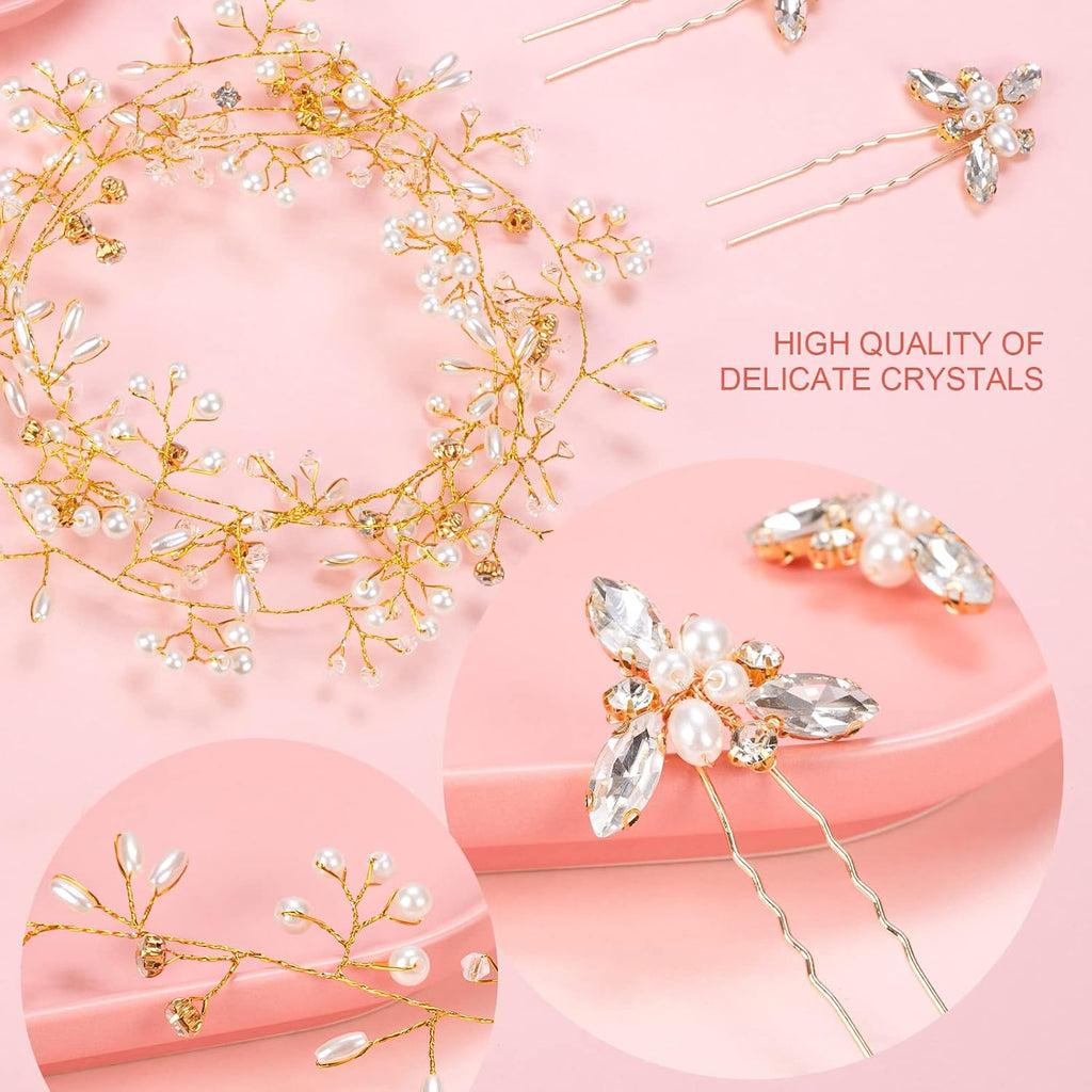 Wedding Hair Bridal Hair Accessories Pieces for Brides Hair Vine Crystal Extra Long Pearl and Beads Bridal Hair Vine Headband Head Pieces for Women and Girls (39inGold, 39in)