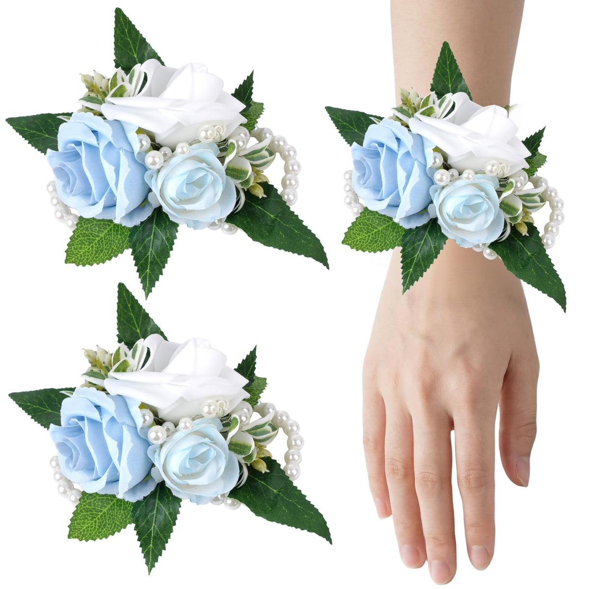 2 Pcs Prom Wrist Corsage Artificial Flowers Faux Pearl Bride Bridesmaid Bracelet for Prom Decor Wedding Anniversary Party Suit Flower Accessories (White)