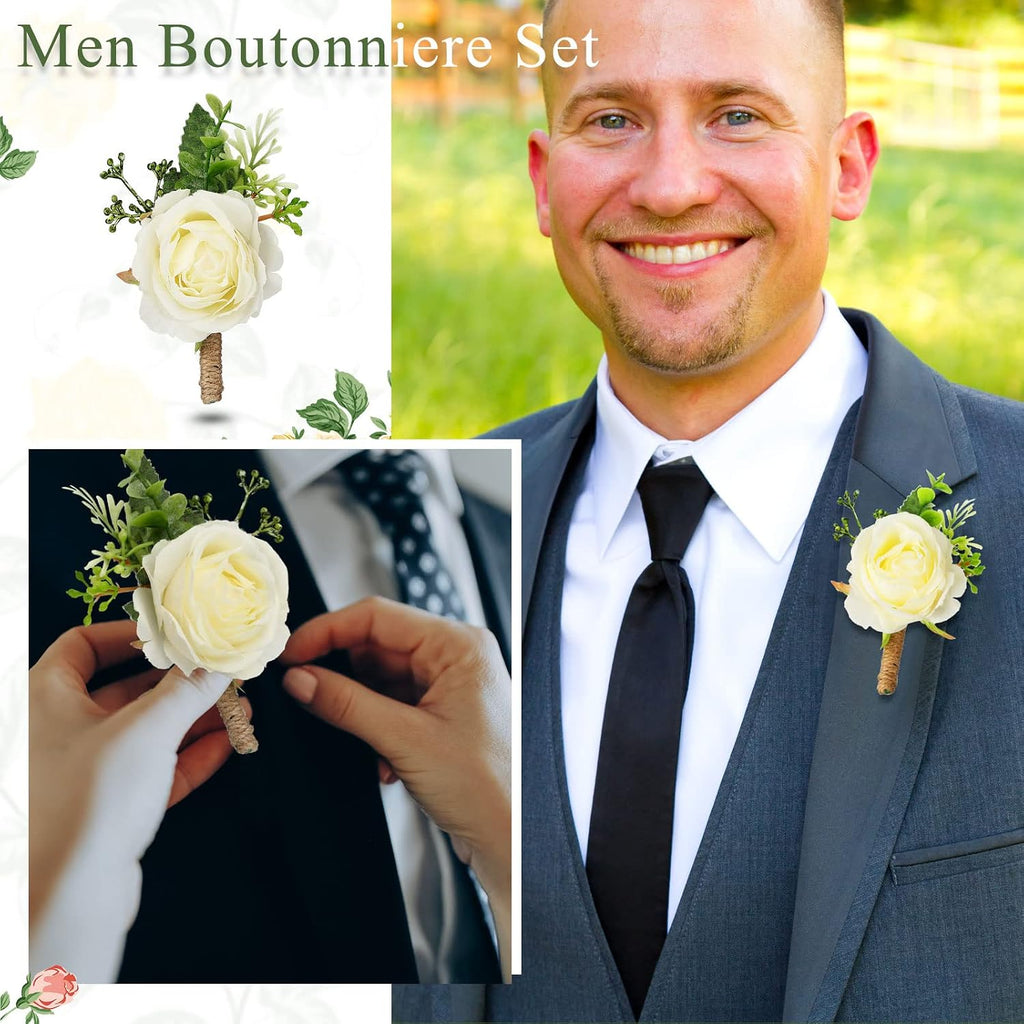 Sherr 20 Pcs Rose Corsage and Boutonniere Set for Wedding, White