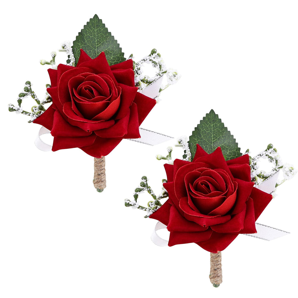 2Pcs Burgundy Rose Corsage and Boutonniere Set, Wrist Corsage with Double Pearl Bracelet and Boutonniere for Men with Pin Clip for Wedding Prom Homecoming Party Suit Decorations