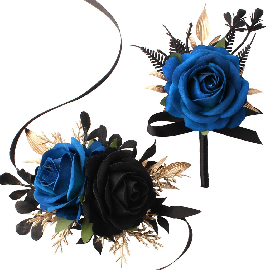 Burgundy and Black Wrist Corsage Wristlet and Boutonniere Set